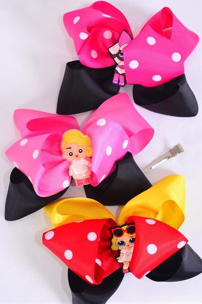 Hair Bow Jumbo Double Layered LOL Doll Charm Grosgrain Bow-tie / 12 pcs Bow = Dozen Alligator Clip , Size - 6" x 5" Wide , 2 Of each Pattern Asst , Clip Strip & UPC Code