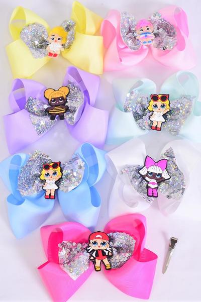 Hair Bow Jumbo Double Layered Flip Sequin LOL Doll Charm Pastel / 12 pcs Bow = Dozen Alligator Clip , Size - 6" x 5" Wide , 2 White , 2 Pink , 2 Lavender , 2 Hot Pink  , 2 Mint , 1 Yellow , 1 Blue Color Asst , Clip Strip & UPC Code