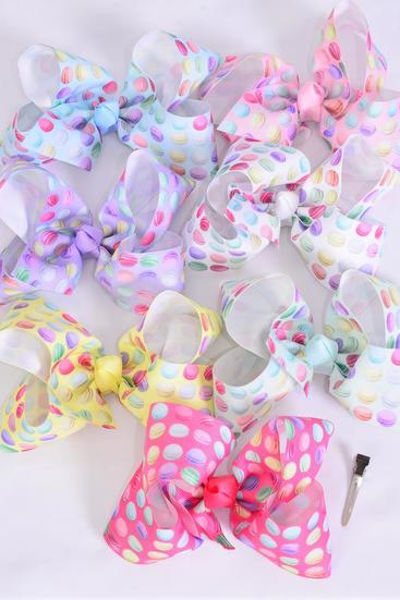 Hair Bow Jumbo Macaroon Grosgrain Bow-tie Pastel / 12 pcs Bow = Dozen Macaroon , Alligator Clip , Size - 6" x 5", 2 White , 2 Pink , 2 Lavender , 2 Blue , 2 Yellow , 1 Peach , 1 Mint Green Mix , Clip Strip and UPC Cod