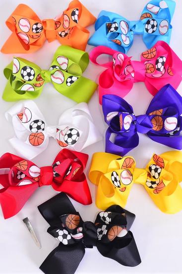 Hair Bow Jumbo All Sports Grosgrain Bow-tie Multi / 12 pcs Bow = Dozen Alligator Clip , Bow - 6" x 5" Wide , 2 Fuchsia , 2 White , 2 Black , 1 Lime , 1 Orange , 1 Blue , 1 Red , 1 Yellow , 1 Purple , Clip Strip & UPC Code