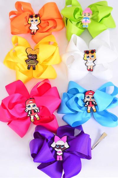 Hair Bow Jumbo Double Layered LOL Doll Charm Citrus Grosgrain Bow-tie / 12 pcs = Dozen  Alligator Clip , Size - 6" x 5" Wide , 2 Fuchsia , 2 Blue , 2 Yellow , 2 Purple , 2 White , 1 Lime , 1 Orange Color Mix , Clip Strip & UPC Code