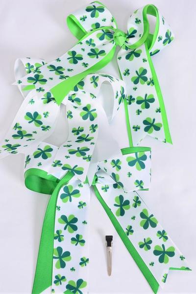 Hair Bow Jumbo Long Tail Double Layered Shamrock Grosgrain Bow-tie / 12 pcs Bow = Dozen Alligator Clip , Size - 6.5" x 6" Wide , 4 of each Pattern Asst , Clip Strip & UPC Code