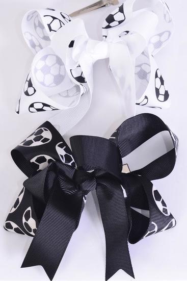 Hair Bow Jumbo Double Layered  Soccer Sport Black & White Mix / 12 pcs Bow = Dozen Soccer , Alligator Clip , Bow - 6" x 5" Wide , 6 Black , 6 White Color Mix , Clip Strip & UPC Code