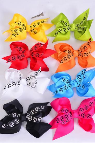 Hair Bow Jumbo Double Layered Soccer Sport Grosgrain Bow-tie Multi / 12 pcs Bow = Dozen Alligator Clip , Size - 6" x 5" Wide , 2 White , 2 Blue ,  Fuchsia , 2 Red , 1 Yellow , 1 Purple , 1 Lime , 1 Orange Mix , Clip Strip & UPC Code