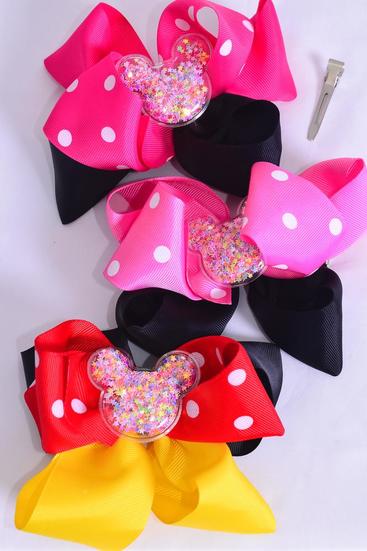 Hair Bow Jumbo Double Layered Center Mouse Ear Glitter Stars Grosgrain Bow-tie / 12 pcs Bow = Dozen Alligator Clip , Size - 6" x 5" Wide , 4 Of each Pattern Asst , Clip Strip & UPC Code