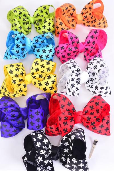 Hair Bow Jumbo Fleur Delis Grograin Bow-tie Multi / 12 pcs Bow = Dozen Alligator Clip , Size - 6 x 5" Wide , 2 Bk , 2 White , 2 Fuchsia , 1 Yellow , 1 Rd , 1 Blue , 1 Purple , 1 Lime , 1 Orange Mix , Clip Strip & UPC Code