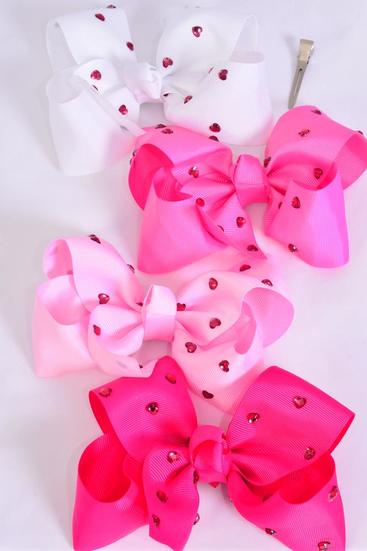 Hair Bow Jumbo Studded Pink Heart Stones Grosgrain Bow-tie Pink Mix / 12 pcs Bow = Dozen Pink Mix , Alligator Clip , Size - 6" x 5" Wide , 3 White , 3 Pearl Pink , 3 Hot Pink , 3 Fuchsia Color Asst , Clip Strip & UPC Code