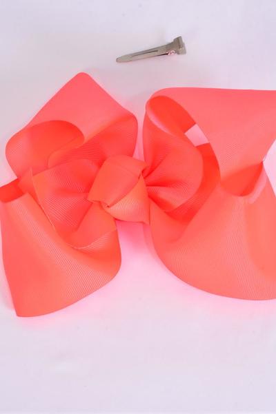 Hair Bow Jumbo Neon Orange Grosgrain Bow-tie / 12 pcs Bow = Dozen Neon Orange , Alligator Clip , Size - 6" x 5" Wide , Clip Strip & UPC Code