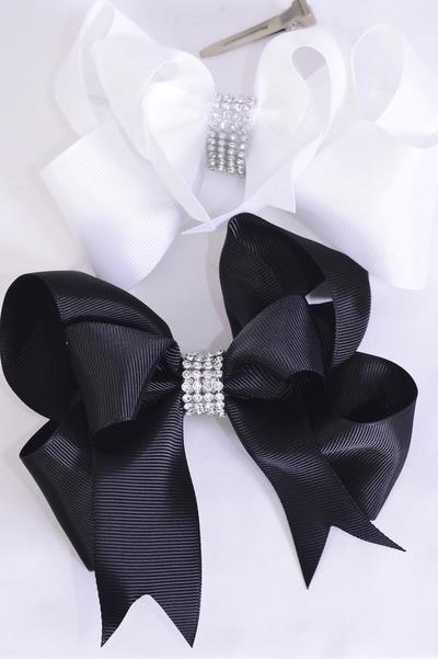 Hair Bow Jumbo Double Layered Center Clear Stones Grosgrain Bow-tie Black White Mix / 12 pcs Bow = Dozen Alligator Clip , Size - 6" x 5" Wide , 6 Black , 6 White Color Asst , Clip Strip & UPC Code