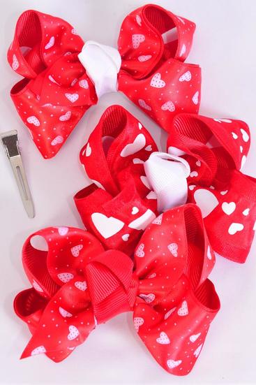 Hair Bow Double Layered Heart Print Chiffon Grosgrain Fabric Mix / 12 pcs Bow = Dozen  Alligator Clip , Bow -  4" x 3" Wide , 4 of each Pattern Asst , Clip Strip & UPC Code