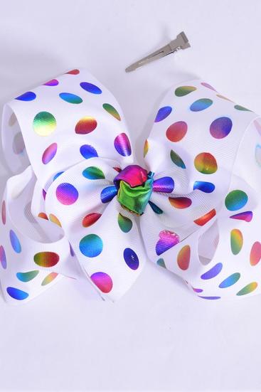 Hair Bow Jumbo Metallic Holographic Polka dots White Grosgrain Bow-tie /  12 pcs Bow = Dozen  White , Alligator Clip , Size - 6" x 5" Wide , Clip Strip & UPC Code