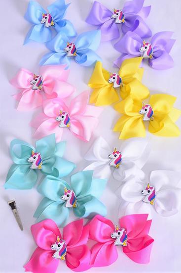 Hair Bow 24 pcs Center Unicorn Charm Pastel Grosgrain Bow-tie / 24 pcs Bow = Dozen Alligator Clip , Size - 3.5" x 3", 2 White ,2 Baby Pink ,2 Lavender ,2 Hot Pink ,2 Mint Green ,1 Blue ,1 Yellow Color Asst ,Clip Strip & UPC Code