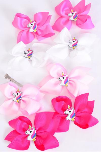 Hair Bow 24 pcs Center Unicorn Charm Pink Mix Grosgrain Bow-tie / 24 pcs Bow = Dozen  Alligator Clip , Size - 3.5" x 3" Wide , 3 White , 3 Baby Pink , 3 Hot Pink , 3 Fuchsia Color Asst , Clip Strip & UPC Code