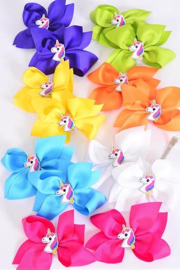 Hair Bow 24 pcs Center Unicorn Charm Citrus Grosgrain Bow-tie / 24 pcs Bow = Dozen Size-3.5"x 3" Wide , Alligator Clip , 2 Fuchsia ,2 Blue ,2 Yellow ,2 Purple ,2 White ,1 Lime ,1 Orange Color Mix , Clip Strip & UPC Code