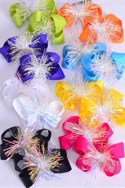 Hair Bow 24 pcs Iridescent Grosgrain Bow-tie Citrus / 12 pair Bow = Dozen  Alligator Clip , Size - 3.5" x 2.5" , 2 Blk , 2 White , 2 Fuchsia , 2 Yellow , 1 Purple , 1 Blue , 1 Lime , 1 Orange Color mix , Clip Strip & UPC Code