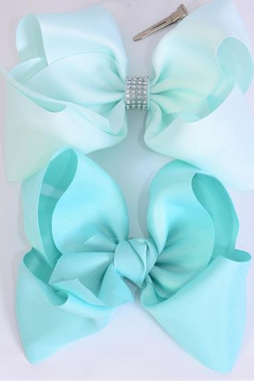 Hair Bow Jumbo Mint Green Pattern Mix Grosgrain Bow-tie / 12 pcs Bow = Dozen  Alligator Clip , Bow - 6" x 5" Wide , 6 Of Each Pattern Asst , Clip Strip & UPC Code