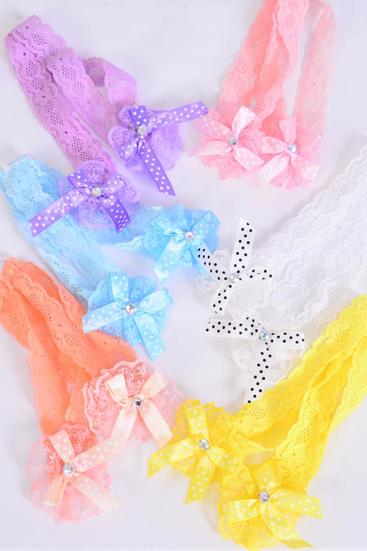 Headband Lace Stretch 24 pcs Lace Flower Polka dots Bow-tie Inner pack have 2 / Drum 12 card = Dozen Stretch , 2 of each Color Asst , Hang Tag & UPC Code , W Clear Box , each Card has 2pcs,12card=Dozen