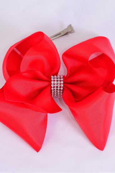 Hair Bow Jumbo Center Clear Stones Red Grosgrain Bow-tie / 12 pcs Bow = Dozen Red , Alligator Clip , Bow - 6" x 5" , Clip Strip & UPC Code