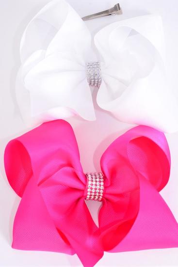 Hair Bow Jumbo Center Clear Stones Fuchsia & White Mix Grosgrain Bow-tie / 12 pcs Bow = Dozen Alligator Clip , Bow - 6" x 5" , 6 Fuchsia , 6 White Color Asst , Clip Strip & UPC Code