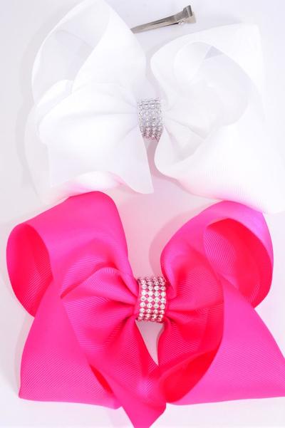 Hair Bow Jumbo Center Clear Stones Fuchsia & White Mix Grosgrain Bow-tie / 12 pcs Bow = Dozen Alligator Clip , Bow - 6" x 5" , 6 Fuchsia , 6 White Color Asst , Clip Strip & UPC Code