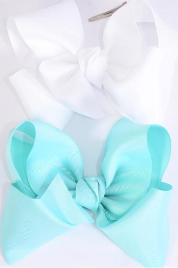 Hair Bow Extra Jumbo Cheer Type Bow Aqua & White Grosgrain Bow-tie / 12 pcs Bow = Dozen  Alligator Clip , Size-8"x 7" Wide , 6 Aqua , 6 White Color Asst , Clip Strip & UPC Code