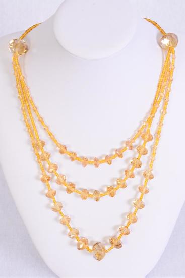 Necklace Triple Layered Glass Crystal Champagne / 12 pcs = Dozen Champagne , 24" Long , Hang Tag & OPP Bag