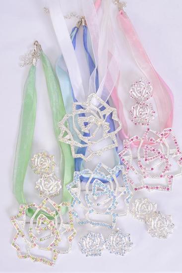 Necklace Sets Rose w Rhinestones / Sets Post , Rose - 2.5" Wide , Earring - 1" Wide , Display Card & OPP Bag & UPC Code , Choose Colors