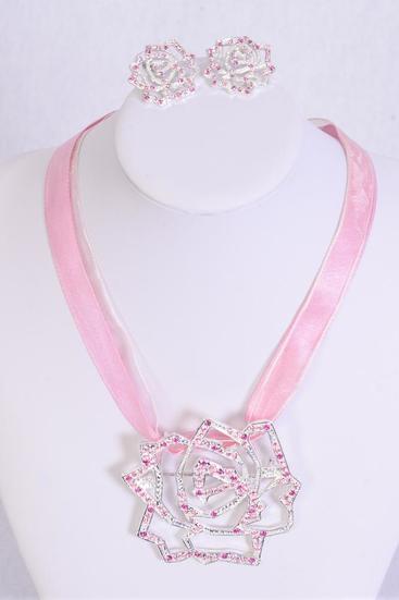 Necklace Sets Rose Pink w Rhinestones / Sets Pink , Post , Rose - 2.5" Wide , Earring - 1" Wide , Display Card & OPP Bag & UPC Code