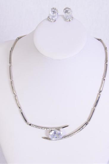 Necklace Sets Cast CZ Cubic Zirconium Silver Clear/Sets **Silver Clear** Post, 18",  Black Velvet Display Card & OPP Bag & UPC Code