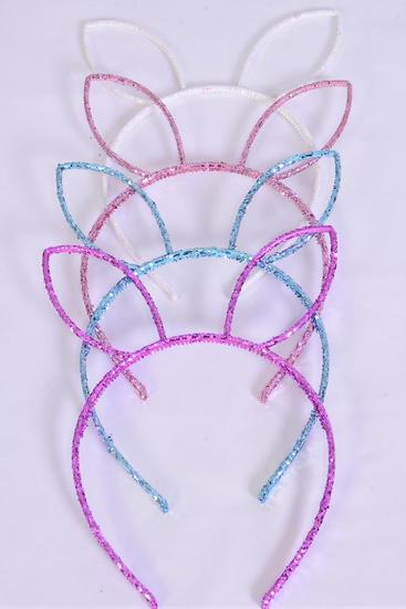 Headband Horseshoe Acrylic Glitter Bunny Ear Multi / 12 pcs = Dozen Color - 3 Fuchsia , 3 Baby Pink , 3 White , 3 Blue Color Asst , Individual OPP Bag & Hang Tag & UPC Code