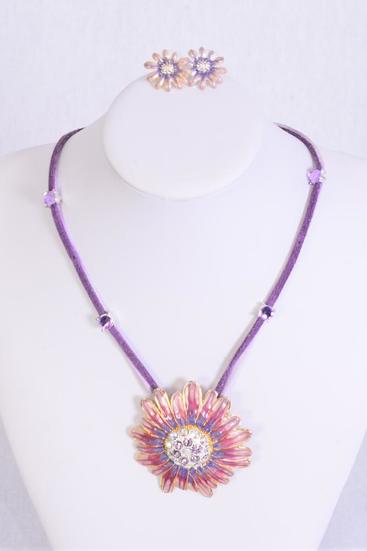 Necklace Sets Daisy Enamel Rhinestones Flower Lavender / Sets Lavender , Daisy - 2" Wide , Earring - 0.75" Wide , Display Card & OPP Bag & UPC Code