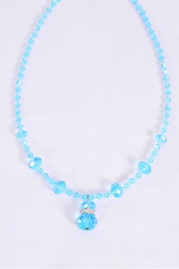 Necklace Glass Crystals Blue / PC Blue , Size - 18" , Hang Tag & OPP Bag