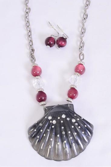 Necklace Sets Poly Shell Pendant Rhinestones / Sets Pendant - 3"x 2.5" Wide , Chain - 18" W Extension Chain , Hang Tag & OPP Bag