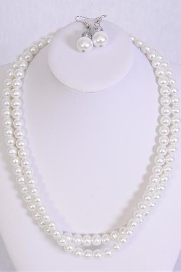 Necklace Sets Pearl 2 Strand White / 12 Sets = Dozen White , Size - 18" Extension Chain , Hang Card & OPP Bag