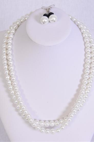 Necklace Sets Pearl 2 Strand White / 12 Sets = Dozen White , Size - 18" Extension Chain , Hang tag & Opp Bag