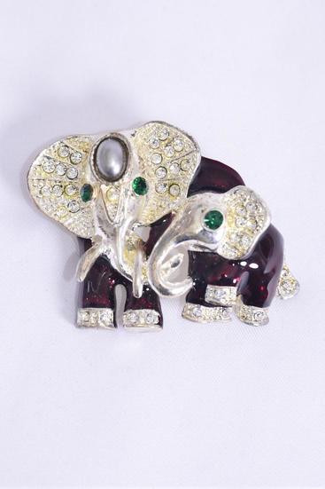 Brooch Elephant Enamel mother and Baby / 12 pcs = Dozen  Burgundy , Size - 2" x 1.5" Wide , Display Card & OPP bag & UPC Code 