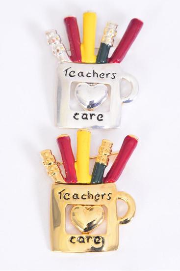 Brooch Enamel Teachers Cares Mug Gold Silver Asst / 12 pcs = Dozen Silver , Size - 2" x 1.5" Wide , Velvet Display Card & Opp Bag