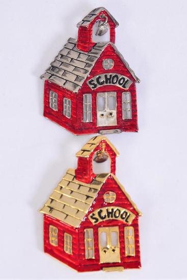 Brooch Enamel School House Gold Silver Mix / 12 pcs = Dozen Asst , Size - 2.5" x 1.75" Wide , 6 Gold , 6 Silver Asst , Velvet Display Card & Opp Bag 