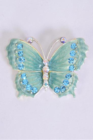 Brooch Butterfly Enamel Rhinestones Blue / 12 pcs = Dozen Blue , Size - 2" x 1.5" Wide , Gift Box w OPP Bag