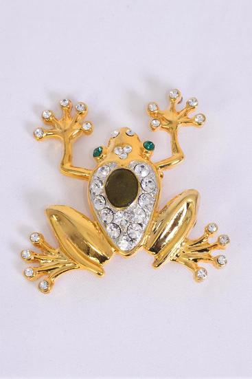 Brooch Gold Frog Enamel Rhinestones /  PC Size - 2" x 2" Wde , Display Card & OPP Bag