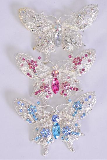 Brooch Large Butterfly Rhinestones / PC Size - 3'' x 2.25'' Wide , Display Card & OPP Bag , Choose Colors