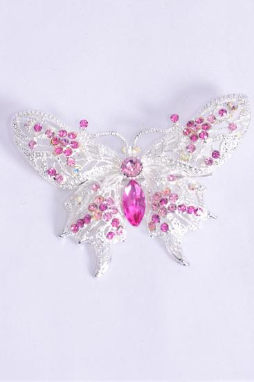 Brooch Large Butterfly Rhinestones Pink / Pc Pink , Size - 3'' x 2.25'' Wide , Display Card & OPP Bag