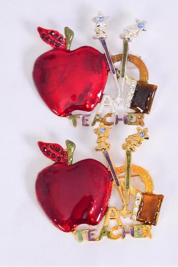 Brooch Enamel Teacher Apple Gold Silver Asst / 12 pcs = Dozen Asst , Size - 2" x 1.75" Wide , 6 Gold , 6 Silver Asst , Velvet Display Card & Opp Bag 