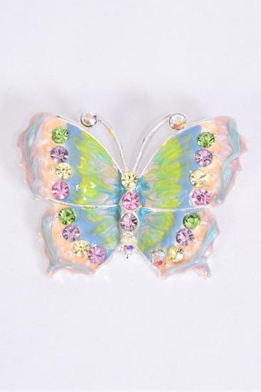 Brooch Butterfly Enamel Rhinestones Pastel / 12 pcs = Dozen Pastel , Size - 2" x 1.5" Wide , Gift Box & UPC Code