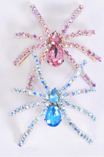 Brooch Spider Iridescent Rhinestones Blue Pink Mix / 12 PCS = Dozen Blue Pink Mix , Size - 2.5" x 2.25" Wide , 6 Blue , 6 Pink Asst , Come W Gift Box 