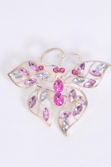 Brooch Butterfly Pink Color Stones /  12 pcs = Dozen  Pink , Size - 2.25" x 2" Wide , OPP Bag                                                              