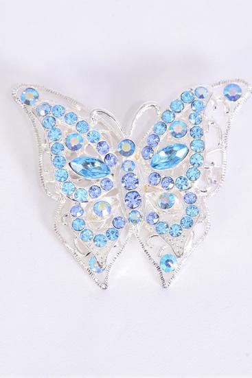 Brooch Butterfly Large Rhinestones Blue / 12 pcs = Dozen Blue , Size - 2" x 2" Wide , Display Card & OPP Bag