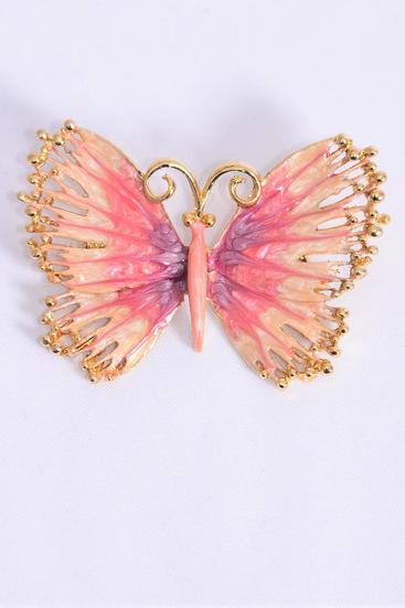 Brooch Butterfly Enamel Gold Pink / PC Come w Gift box , Size-2"x 1.5" Wide , UPC Code