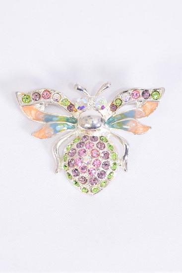 Brooch Bee Enamel Rhinestones Pastel / PC Size-1.75"x 1.25" Wide , OPP Bag