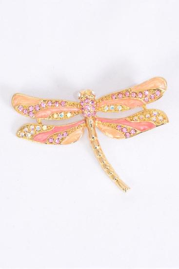 Brooch Dragonfly Enamel Rhinestones Gold Pink / 12 pcs = Dozen Gold Pink , Size - 2" x 1" Wide , Come W Gift Box